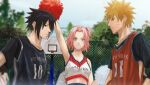  2boys 2girls absurdres arm_up armpits basketball_hoop basketball_jersey black_eyes black_hair black_skirt blonde_hair blue_eyes blurry breasts brown_hair cheerleader facial_mark fence green_eyes haruno_sakura highres midriff multiple_boys multiple_girls naruto_(series) naruto_shippuuden navel niku_(ni23ku) one_side_up pink_hair pom_pom_(cheerleading) shirt skirt small_breasts smile t-shirt uchiha_sasuke uzumaki_naruto 