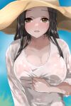  1girl :o black_hair blush breasts brown_eyes cleavage collarbone dress hat holding holding_clothes holding_dress idolmaster idolmaster_cinderella_girls kizzmy_lance large_breasts long_hair looking_at_viewer see-through sena_shiori_(idolmaster) solo straight_hair straw_hat sweatdrop upper_body wet wet_clothes wet_dress white_dress 