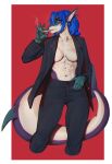  2022 5_fingers abs absurd_res anthro blue_eyes blue_hair breasts cheryl_(monian) cigarette clothed clothing ear_piercing female fingers fish flesh_tunnel hair hi_res looking_at_viewer marine monian navel piercing shark solo 