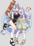  !? 2girls animal_ears bangs black_footwear black_swimsuit commentary eyewear_on_head flower full_body gold_ship_(run_revolt_launcher)_(umamusume) gold_ship_(umamusume) grey_hair grin hair_flower hair_ornament highres holding holding_water_gun horse_ears horse_girl horse_tail long_hair looking_at_viewer mejiro_mcqueen_(ripple_fairlady)_(umamusume) mejiro_mcqueen_(umamusume) multiple_girls number_pun official_alternate_costume one-piece_swimsuit purple_eyes purple_hair saba_no_hige sandals seaweed smile sunglasses super_smashing_summer_vacation_(umamusume) swept_bangs swimsuit tail umamusume water_gun 