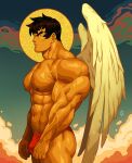  1boy abs angel angel_wings artist_name bara biceps brown_eyes brown_hair cloud cloudy_sky halo large_pectorals looking_to_the_side male_focus male_swimwear male_underwear manly mature_male muscular muscular_male navel nipples no_pants original pectorals short_hair signature sky solo swim_briefs thick_arms thick_eyebrows thick_thighs thighs topless_male underwear veins veiny_arms wings xelgot 