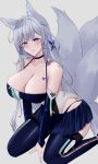  1girl absurdres animal_ear_fluff animal_ears azur_lane bangs bare_shoulders black_choker blue_eyes blue_skirt blue_thighhighs breasts butterfly_tattoo choker cleavage collarbone commentary_request feet_out_of_frame fox_ears fox_girl fox_tail frilled_skirt frills grey_hair hair_ornament hair_over_shoulder highres large_breasts leotard nanako94418108 official_alternate_costume parted_lips race_queen sagging_breasts seiza shadow shinano_(aircraft_carrier) shinano_(azur_lane) simple_background sitting skirt solo tail tattoo teeth thighhighs white_background 