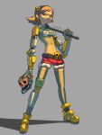  1girl absurdres artist_name brown_eyes brown_hair earrings full_body grey_background hair_ornament highres holding holding_skull holding_wrench horns jewelry koutetu_yarou looking_at_viewer mechanical_arms midriff navel original prosthesis prosthetic_leg red_shorts short_hair shorts simple_background single_horn skull solo standing thighhighs wrench yellow_footwear 