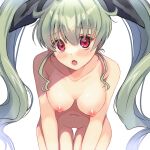  1girl anchovy_(girls_und_panzer) bangs black_ribbon blaze_(artist) blush breasts collarbone completely_nude drill_hair girls_und_panzer green_hair hair_between_eyes hair_ribbon large_breasts long_hair nipples nude open_mouth red_eyes ribbon simple_background solo twin_drills white_background 