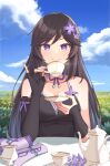  1girl absurdres armband blue_sky commentary cup day erine_rurie hair_ornament highres holding holding_cup indie_virtual_youtuber jl_tan long_hair long_sleeves original outdoors purple_eyes saucer sitting sky smile solo table teacup upper_body 