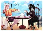  anthro beach beverage black_hair blue_eyes blush breasts canid clothed clothing container cup day duo exclamation_point eyes_closed female footwear fur grey_body grey_fur hair hi_res high_heels holding_object mammal midriff outside pingpenne procyonid question_mark raccoon seaside short_hair sitting sweater tea tea_cup teapot topwear water white_body white_hair 