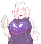  &lt;3 anthro beverage big_breasts boss_monster bottle bovid breasts caprine claws clothed clothing container digital_media_(artwork) eyes_closed female fingers fur hair hanaarts hi_res holding_beverage holding_bottle holding_container holding_object horn mammal mature_anthro mature_female milk milk_bottle milk_container simple_background smile solo topwear toriel undertale undertale_(series) video_games white_body white_fur 