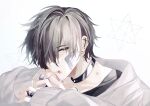  1boy absurdres black_hair blood blood_on_face choker grey_eyes grey_hair highres jewelry looking_at_viewer male_focus multicolored_hair open_mouth original piercing ring short_hair sleeves_past_wrists solo teeth white_background wu_(user_sevs2252) 