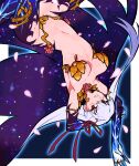  1girl arms_up breasts earrings fate/grand_order fate_(series) glowing hacco_mayu hair_ribbon highres jewelry kama_(fate) kama_(third_ascension)_(fate) large_breasts long_hair navel petals red_eyes ribbon ring starry_hair upside-down very_long_hair white_hair 