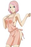  1girl absurdres apron bangs bare_arms boruto:_naruto_next_generations breasts cleavage closed_mouth collarbone cowboy_shot facial_mark green_eyes hairband haruno_sakura highres naked_apron naruto_(series) parted_bangs pink_apron pink_hair pink_hairband short_hair sideboob small_breasts solo standing zero024 