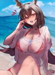  1girl absurdres animal_ears arm_support bikini bra_visible_through_clothes breasts brown_hair highres horse_ears horse_girl large_breasts long_hair open_mouth red_eyes red_swimsuit see-through shirt sirius_symboli_(umamusume) sitting solo swimsuit umamusume user_hwux5775 very_long_hair wet wet_clothes wet_shirt 