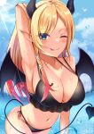  1girl armpits bikini black_bikini blonde_hair blue_eyes blue_sky breast_tattoo breasts cloud demon_girl demon_horns demon_tail frilled_bikini frills highres hololive horns large_breasts long_hair looking_at_viewer navel one_eye_closed outdoors pointy_ears sky solo swimsuit tail tattoo virtual_youtuber wet yuzuki_choco zacky 