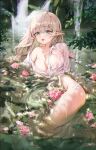  1girl bangs blonde_hair blush breasts cleavage collarbone collared_shirt elf floating floating_object flower green_eyes kokko_(kokko3045) lake large_breasts long_hair long_sleeves looking_at_viewer original parted_lips partially_submerged petals plant pointy_ears shirt solo thighs water waterfall wet wet_clothes wet_shirt 