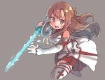  1girl armor asuna_(sao) bangs blush braid breastplate breasts brown_eyes brown_hair cropped_legs detached_sleeves dress es_(eisis) french_braid glowing glowing_weapon grey_background highres holding holding_weapon long_hair open_mouth sheath sidelocks simple_background solo sword_art_online teeth thighhighs upper_teeth weapon white_dress white_thighhighs 