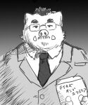  2022 absurd_res anthro black_and_white botan_akagane clothing dress_shirt eyewear glasses gradient_background hair hi_res holding_object japanese_text kakukaku looking_at_viewer male mammal monochrome morenatsu necktie shirt simple_background sketch solo suid suina suit sus_(pig) text topwear translation_request tusks video_games visual_novel wild_boar 