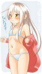  1girl bikini collarbone commentary_request grey_background groin jacket kantai_collection kikuzuki_(kancolle) long_hair one-hour_drawing_challenge ray.s red_jacket solo standing swimsuit translation_request white_bikini white_hair yellow_eyes 