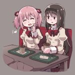  2girls akemi_homura bangs black_hair black_hairband blush booth_seating bow bowtie breasts closed_eyes cup disposable_cup es_(eisis) grey_background hair_ribbon hairband heart highres holding holding_cup homurahara_academy_school_uniform kaname_madoka long_hair long_sleeves mahou_shoujo_madoka_magica mitakihara_school_uniform multicolored_hair multiple_girls open_mouth pantyhose parted_lips pink_hair purple_eyes red_bow red_bowtie red_ribbon restaurant ribbon school_uniform simple_background sitting tray twintails 