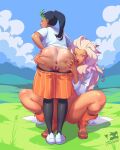  2girls anus artist_name ass ass_grab black_hair blue_eyes blue_sky clothes_pull cloud day english_commentary fidelio field full_body grass green_hair highres lips long_hair looking_at_viewer looking_back multicolored_hair multiple_girls nemona_(pokemon) no_panties orange_eyes outdoors pokemon pokemon_(game) pokemon_sv ponytail pussy sada_(pokemon) sandals shirt shoes shorts shorts_pull sky sneakers spread_ass squatting standing t-shirt tan tanlines thighhighs toes white_hair yuri 