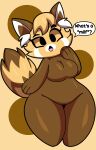  ailurid anthro big_breasts black_eyes breasts brown_body chikn_nuggit english_text featureless_breasts female hair hi_res looking_at_viewer mammal nude open_mouth question_mark red_panda sassparilla_(chikn_nuggit) slightly_chubby solo someth1ngoranother speech_bubble tan_hair text thick_thighs wide_hips 