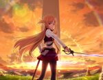  1girl asuna_(sao) black_pantyhose braid brown_eyes brown_hair cloud floating_hair french_braid from_behind game_cg holding holding_sheath holding_sword holding_weapon long_hair looking_at_viewer looking_back miniskirt open_mouth orange_sky outdoors pantyhose pleated_skirt red_skirt sheath shirt skirt sky solo sunset sword sword_art_online unsheathed very_long_hair weapon white_shirt 