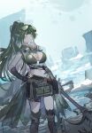  1girl arknights axe bangs bare_shoulders black_gloves breasts commentary crop_top echj feet_out_of_frame gavial_(arknights) gavial_the_invincible_(arknights) gloves goggles goggles_on_head green_hair highres large_breasts long_hair mask mask_around_neck midriff navel pointy_ears ponytail solo standing stomach very_long_hair weapon yellow_eyes 