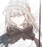  1girl arknights character_request closed_mouth dated grey_hair grey_headwear hood hood_down long_hair looking_at_viewer nstlgie solo upper_body visor_(armor) yellow_eyes 