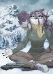  anthro clothing dreadlocks felid feline female forest jacket legend_of_ahya leopard mammal meditating melloque mountain mountainside natalia_ruyemov_(darkflamewolf) pantherine plant scarf sitting snow snow_leopard snowing solo topwear tree wilderness 