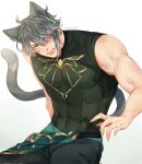  1boy abs al-haitham_(genshin_impact) animal_ears artist_name biceps blue_eyes blush cat_ears cat_tail claws compression_shirt feet_out_of_frame genshin_impact grey_hair highres looking_to_the_side male_focus mature_male muscular muscular_male nalamicha pants pectorals shirt simple_background sleeveless solo spiked_hair tail tight twitter_username white_background 