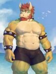  2022 abs anthro arm_hair armband avian barazoku beard biceps big_muscles bird body_hair bowser bracelet bulge chest_hair chonkyjohn clothing cloud collar day eyebrows facial_hair hair happy_trail hi_res horn jewelry koopa male mario_bros muscular muscular_anthro muscular_male navel nintendo nipple_piercing nipple_ring nipples non-mammal_nipples obliques outside pecs piercing pubes quads ring_piercing scalie signature sky smile solo spiked_armband spiked_bracelet spiked_collar spikes standing thick_thighs underwear video_games water 
