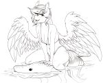  absurd_res array_(oc) bikini breasts cleavage clothed clothing fan_character feathered_wings feathers fish hasbro hi_res line_art looking_at_viewer marine monochrome my_little_pony replica_(artist) shark spread_wings swimwear wings 