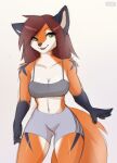  2022 anthro artist_name bottomwear breasts brown_hair canid canine cleavage clothed clothing digital_media_(artwork) female fox fur green_eyes hair hi_res looking_at_viewer mammal open_mouth orange_body orange_fur portrait rita_(vtza) shaded shorts simple_background sketch solo standing tan_body tan_fur three-quarter_portrait topwear vtza white_background 