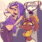  +_+ 2girls =_= absurdres arm_up artist_name asymmetrical_hair bare_shoulders big_man_(splatoon) black_leggings blonde_hair breasts closed_mouth clothing_cutout commentary cowboy_shot crop_top dark-skinned_female dark_skin earrings english_commentary eye_contact fang fangs fangs_out forehead frye_(splatoon) hair_over_one_eye half-closed_eyes hand_up happy highres holding holding_paintbrush jewelry kurus37 leggings legs_together looking_at_another looking_down looking_up manta_ray midriff multicolored_hair multiple_earrings multiple_girls navel one_eye_covered open_mouth paintbrush pants pointy_ears purple_hair purple_shawl red_eyes sarashi see-through shawl shirt shiver_(splatoon) short_hair signature simple_background sketch sleeveless sleeveless_shirt small_breasts smile splatoon_(series) splatoon_3 standing stomach teeth tentacle_hair tentacles tic-tac-toe two-tone_hair watermark white_pants yellow_eyes yellow_shawl yellow_shirt 