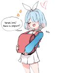  1girl ^_^ absurdres arona_(blue_archive) backpack bag bangs blue_archive blue_hair blue_shirt blush bow_hairband choker closed_eyes colored_inner_hair english_text facing_viewer feet_out_of_frame hair_over_one_eye hairband heart highres holding holding_bag long_sleeves lyrinne medium_hair multicolored_hair notice_lines open_mouth randoseru sailor_collar shirt simple_background skirt smile solo speech_bubble standing white_background white_skirt 