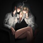  2girls bangs black_background black_hair buttons cigarette cigarette_kiss collarbone collared_shirt crossed_legs dark empty_eyes hand_up highres illumination kneeling kuroki_tomoko long_hair medium_hair multiple_girls nog128oo shirt sitting smoke smoking tamura_yuri watashi_ga_motenai_no_wa_dou_kangaetemo_omaera_ga_warui! yuri 