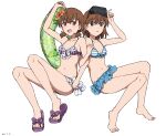  2girls absurdres barefoot bikini bikini_skirt breasts brown_eyes brown_hair flower frilled_bikini frills gekota hair_flower hair_ornament head-mounted_display hibiscus highres innertube invisible_chair misaka_imouto misaka_mikoto multiple_girls purple_bikini short_hair simple_background sitting small_breasts striped striped_bikini swimsuit takatisakana toaru_kagaku_no_railgun toaru_majutsu_no_index twintails white_background 