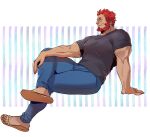  1boy bara beard biceps denim facial_hair fate/grand_order fate/zero fate_(series) halorane highres iskandar_(fate) jeans looking_to_the_side male_focus manly mature_male muscular muscular_male pants pectorals red_eyes red_hair sandals shirt simple_background sitting smile solo t-shirt thick_arms thick_eyebrows thick_thighs thighs tight 