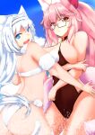  2girls animal_ear_fluff animal_ears bikini black_swimsuit blue_eyes breast_press breasts brown_eyes cat_ears cat_tail commentary_request dobrynya_nikitich_(fate) dobrynya_nikitich_(twin_tail)_(fate) fate/grand_order fate_(series) fox_ears fox_tail koyanskaya_(fate) koyanskaya_(twin_tail)_(fate) large_breasts long_hair looking_at_viewer looking_back multiple_girls official_alternate_costume one-piece_swimsuit open_mouth pink_hair swimsuit tail tamamo_(fate) tetsuhige white_bikini white_hair 