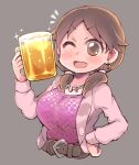  1girl alcohol bangs beer beer_mug belt blush breasts brown_belt cropped_torso cup earrings es_(eisis) grey_background highres holding holding_cup idolmaster idolmaster_cinderella_girls jacket jewelry katagiri_sanae large_breasts long_sleeves looking_at_viewer low_twintails mug necklace one_eye_closed open_clothes open_jacket open_mouth pink_jacket simple_background solo sparkle twintails upper_body 