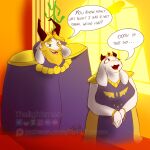  1:1 anthro asgore_dreemurr beard chubby_female colored_sketch comic crown dialogue duo facial_hair female fur hallway hi_res horn husband husband_and_wife king long_ears male male/female married_couple muscular muscular_male queen royalty sketch slightly_chubby thelightsmen toriel undertale undertale_(series) video_games wet_dream white_body white_fur wife window_light 