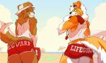  2021 anthro beach bottomwear canid canine canis clothing detailed_background domestic_dog duo english_text hat headgear headwear hi_res kanon_(applejacksville) lifeguard male mammal outside seaside shirt shorts standing tank_top text topwear umbrella varollis whistle 