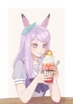  1girl animal_ears aqua_bow bow commentary_request drinking_straw elbows_on_table food highres horse_ears horse_girl ice_cream korean_commentary mejiro_mcqueen_(umamusume) nog128oo outside_border purple_eyes purple_hair solo sundae table umamusume upper_body white_background 