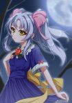  1girl back_bow blue_dress blurry blurry_background bow closed_mouth dress floating_hair grey_hair hair_bow hair_intakes heart highres hoshino_ruri kidou_senkan_nadesico long_hair moon night outdoors pink_bow pleated_dress red_bow ru-ha shiny shiny_hair short_dress short_sleeves solo twintails very_long_hair yellow_bow yellow_eyes 