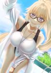  armpits bare_shoulders black-framed_eyewear blonde_hair blue_eyes blue_sky breasts cloud collarbone competition_swimsuit day fate/grand_order fate_(series) glasses highres jacket jeanne_d&#039;arc_(fate) jeanne_d&#039;arc_(swimsuit_archer)_(fate) jeanne_d&#039;arc_(swimsuit_archer)_(second_ascension)_(fate) large_breasts leaning_forward long_hair looking_at_viewer one-piece_swimsuit outdoors outstretched_hand sky smile swimsuit thirukin very_long_hair whistle whistle_around_neck white_jacket white_swimsuit 