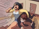  1boy 1girl alternate_hairstyle black_hair blush breasts briefcase business_suit carrying carrying_under_arm cleavage dark_skin door formal hachiouji_naoto hair_ornament hairclip highres ijiranaide_nagatoro-san jacket nagatoro_hayase ponytail salaryman shirt shorts stairs suit tina_fate 