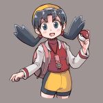  1girl backpack bag black_hair blue_eyes blush breasts cropped_jacket cropped_legs earrings es_(eisis) grey_background hat highres holding holding_poke_ball jacket jewelry kris_(pokemon) long_sleeves looking_at_viewer medium_breasts open_clothes open_jacket open_mouth poke_ball pokegear pokemon pokemon_adventures shorts simple_background solo star_(symbol) star_earrings twintails white_jacket yellow_headwear 