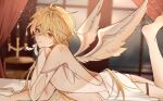  1boy aether_(genshin_impact) ahoge angel_wings anklet bangs bed bishounen blonde_hair candle genshin_impact hair_between_eyes hair_down highres indoors jewelry leg_up lgny2x long_hair looking_at_viewer lying male_focus on_stomach solo sparkle white_wings wings 