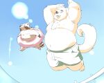  2022 5:4 anthro belly big_belly canid canine canis clothing domestic_dog duo eyes_closed hi_res humanoid_hands inunoshippo kemono male mammal moobs overweight overweight_male procyonid raccoon swimwear 