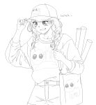  1girl alternate_hairstyle bag baggy_clothes baseball_cap blush braid english_commentary fingernails hair_over_shoulder handbag hat laughing lineart medium_hair monochrome oekaki pas_(paxiti) pas_(real_life) print_sweater real_life shorts solo sweater twin_braids 