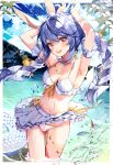  1girl absurdres animal_ear_fluff animal_ears armpits bangs bikini blue_hair braid breasts bunny-shaped_pupils cameltoe carrot_hair_ornament cleavage cloud food-themed_hair_ornament frilled_bikini frilled_skirt frills hair_ornament haruhina_purple highres hololive long_hair looking_at_viewer medium_breasts multicolored_hair navel ocean open_mouth pussy pussy_peek rabbit_ears rabbit_girl skirt sky solo swimsuit symbol-shaped_pupils thigh_gap tree twin_braids twintails two-tone_hair usada_pekora virtual_youtuber wading wet white_hair 
