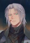  1boy armor bangs blood blood_on_face chest_strap expressionless final_fantasy final_fantasy_vii final_fantasy_vii_ever_crisis final_fantasy_vii_remake green_eyes grey_hair highres ho_fan looking_at_viewer male_focus medium_hair parted_bangs portrait sephiroth shoulder_armor solo turtleneck upper_body younger 